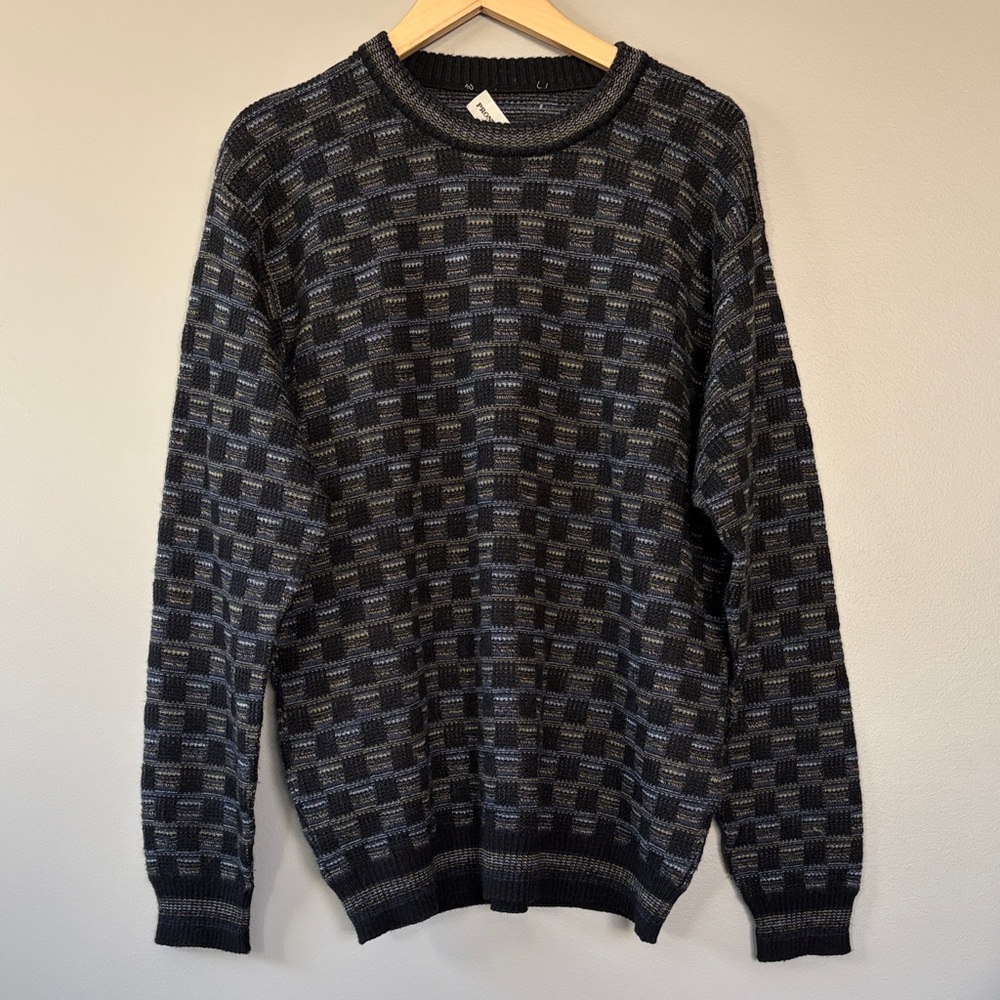 Vintage Pronto Uomo Wool Blend Pullover Crewneck Sweater XL Geometric‎ Black Tan